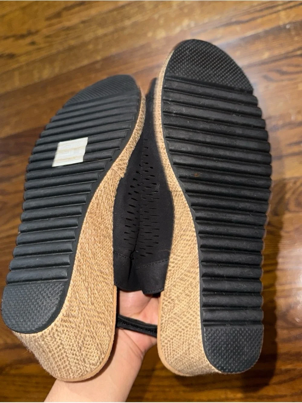 Sketchers memory form Black Perforated Peep-Toe Wedge Sandals - Women's